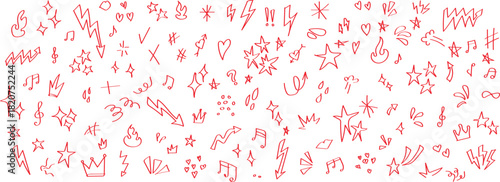 Set of handwriting doodle icons. Abstract red and green scribbles and symbols. A dense, abstract composition of red and green scribbled lines and symbols on a white background.