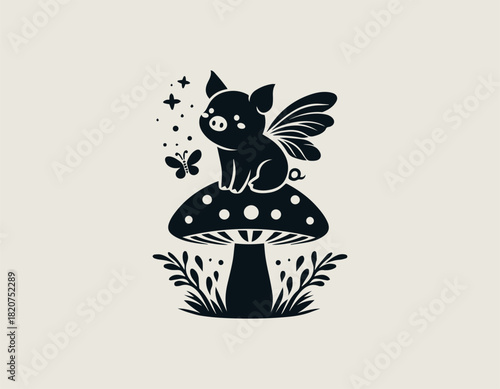 Charming black silhouette of a small winged piglet character resting comfortably on a spotted toadstool surrounded by stylized grass and delicate sparkling elements. Cute fantasy animal concept