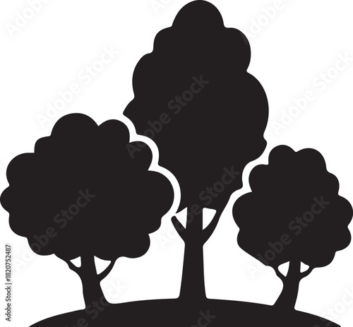 Silhouettes of three large deciduous trees standing together on small hill representing natural park area or forest design element