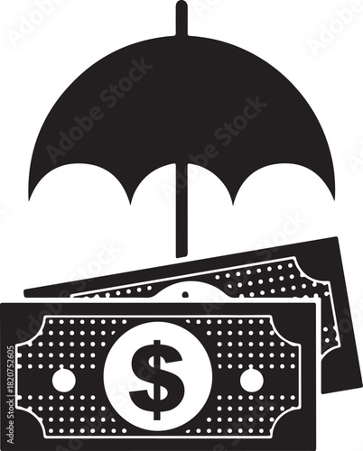Umbrella protecting cash money bills symbolizing financial security insurance and wealth management isolated on transparent background