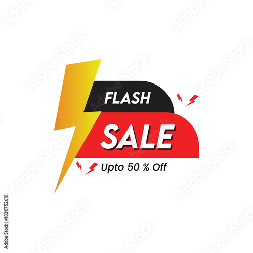 dynamic flash sale badge vector with lightning bolt and upto 50% fifty percent off discount promotion label.