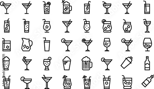 A comprehensive collection of drink icons showcasing various beverages and cocktail glasses.