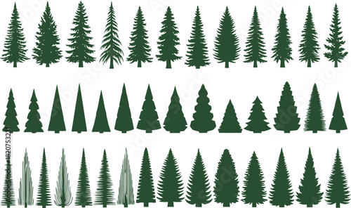 Collection of various green Christmas trees and pine trees in different shapes and sizes.
