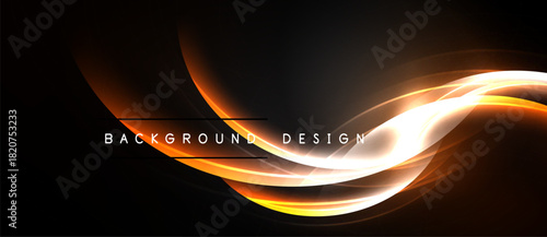 Abstract orange lines over black background. Smooth curves create dynamic visual effect. Text reads background design. Simple, modern aesthetic.
