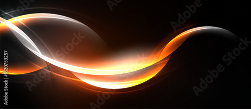 Bright orange, white lines curve against dark background. Smooth shapes create dynamic, flowing visual effect. Modern design.
