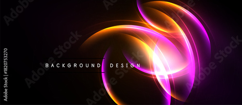 Abstract glowing lines form dynamic shapes. Vibrant orange, purple hues contrast against dark background. Modern design element.