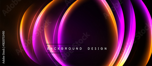 Abstract neon layers create vibrant circular design. Orange, pink, purple hues dominate black background. Modern aesthetic.