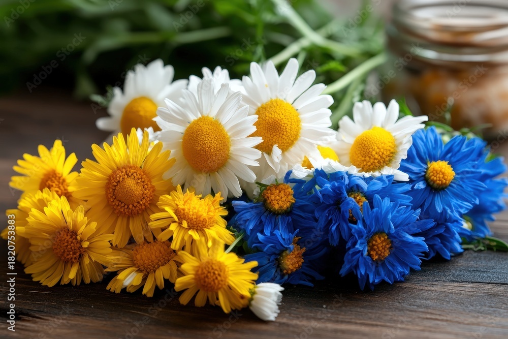 Obraz premium A stunning arrangement of vibrant flowers in various colors set on a wooden surface, capturing the beauty of nature and the essence of a radiant, cheerful environment.
