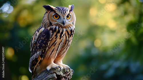 Majestic eurasian eagle owl perched on a branch against a blurred forest backdrop