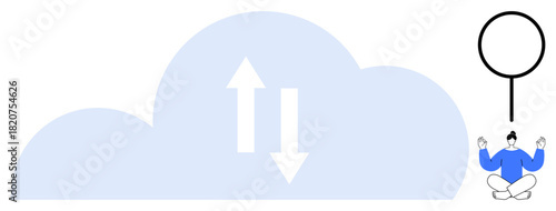 Cloud with upward and downward data arrows, figure meditating in blue, magnifying glass. Ideal for technology, data transfer, mindfulness, search, productivity cloud services calm. Simple flat