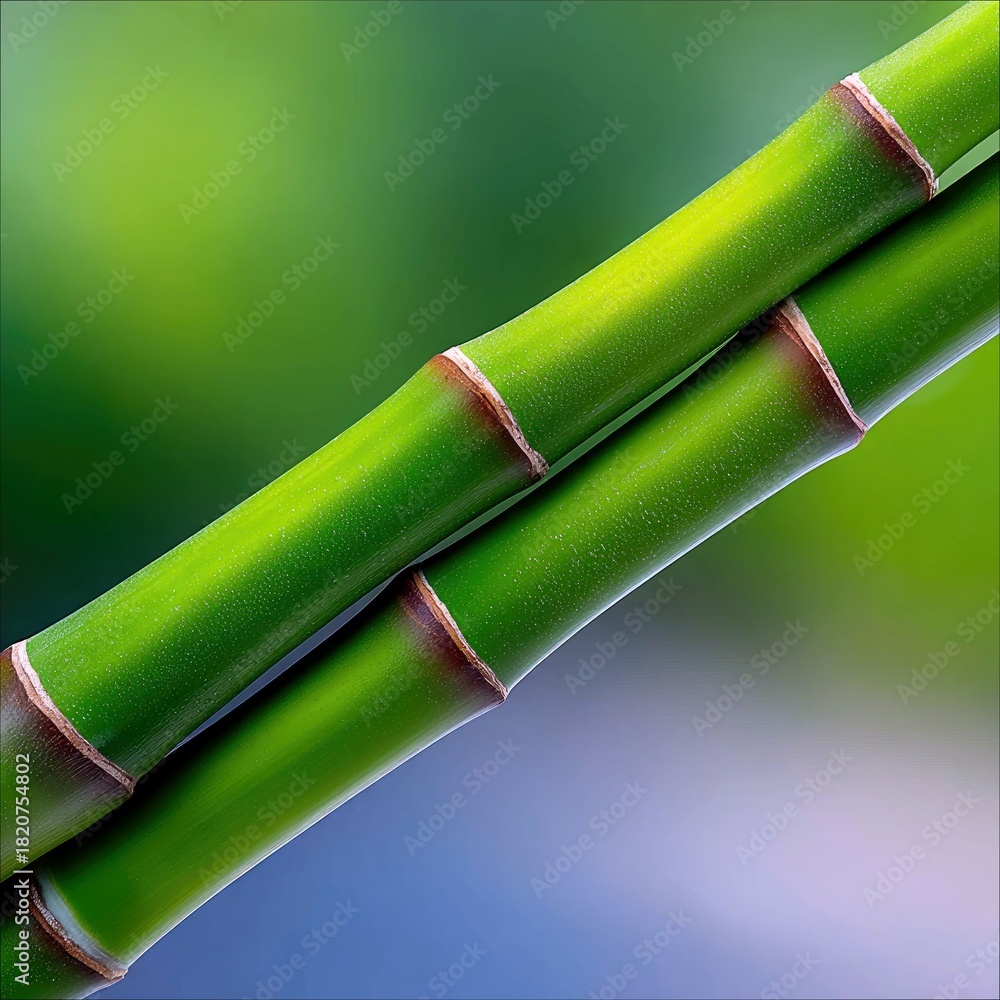 Fototapeta premium Close-up of two vibrant green bamboo stalks crossing each other diagonally against a soft, blurred background of green and blue.
