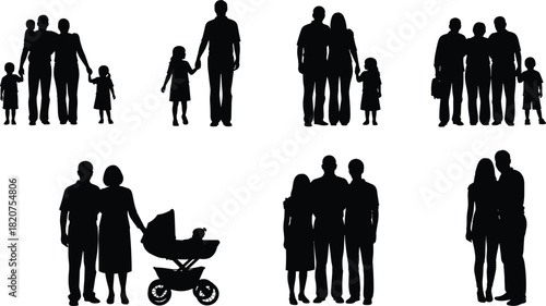 Family silhouettes, diverse groupings, parent and child, stroller family, adult figures, black outline, minimal design, bonding, togetherness, unity