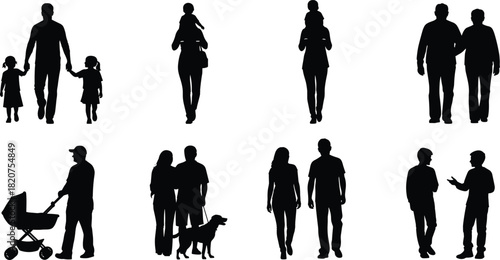 Human interaction silhouettes, daily life scenes, walking figures, family bonding, stroller, dog walking, black outline, minimal design, social moments, togetherness