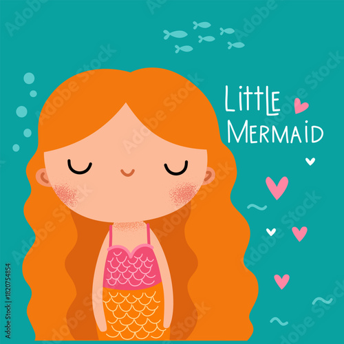 A cute red-haired mermaid smiles and the inscription little mermaid. Vector print for printing on children's products. . Vector illustration