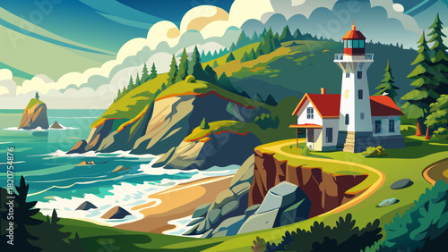 Very beautiful view of Heceta Head Lighthouse in Oregon, perched on rugged coastal cliffs with lush greenery and the Pacific Ocean stretching into the horizon under clear daylight.