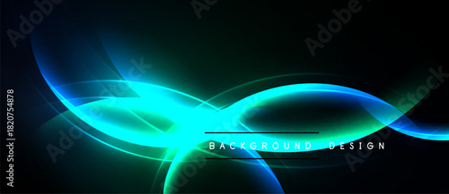 Abstract neon lines create dynamic wave pattern. Dark background emphasizes bright turquoise, blue glow. Modern design element.