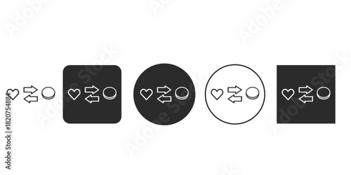 Digital value exchange icon set for monetization apps | Heart to coin conversion arrows symbol graphic design | Vector illustration of transaction and emotional commerce | Cost of liking UI/UX element
