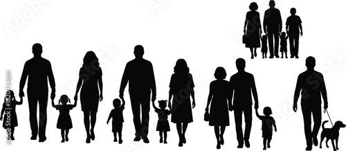 Family silhouettes, walking together, diverse groupings, parent and child, dog walker, black outline, minimal design, bonding, inclusive relationships, unity