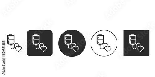 Medical blood donation IV bag connected to heart icon set | Simple vector graphic for hospital blood transfusion concept | Monochromatic design element for healthcare and volunteering