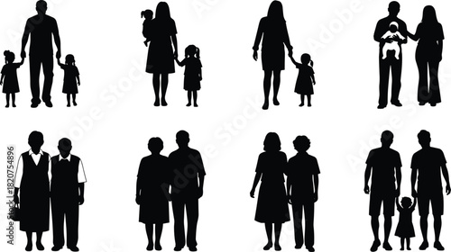 Family silhouettes, diverse relationships, parent and child, elderly couple, inclusive groupings, black outline, minimal design, walking pose, bonding, togetherness