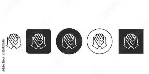 Caring hands holding heart icon set vector illustration | Charity and donation symbol in various black and white styles | Simple pictogram representing kindness and support 