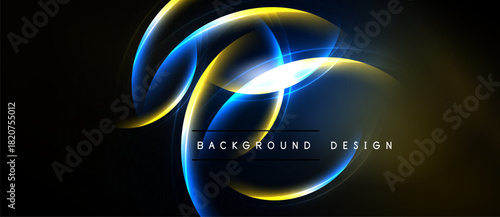 Abstract design features glowing curves, vibrant blue, gold hues. Dark background emphasizes luminous elements, creating dynamic visual impact.
