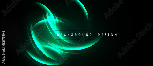 Abstract design features vibrant turquoise lines against dark background. Flowing shapes create dynamic visual effect. Modern, sleek presentation.