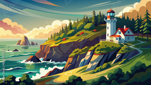 Very beautiful view of Heceta Head Lighthouse in Oregon, perched on rugged coastal cliffs with lush greenery and the Pacific Ocean stretching into the horizon under clear daylight.