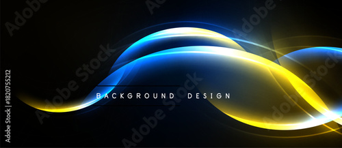Abstract design features flowing blue, yellow light curves. Dark background emphasizes vibrant energy, modern aesthetic. Simple text reads background design.