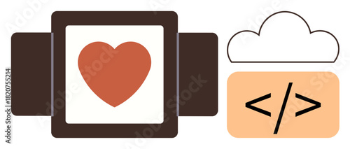 Smartwatch with a heart display and a cloud featuring coding brackets. Ideal for health tech, app design, smart devices, coding, wellness, innovation, and cloud computing concepts. Simple flat