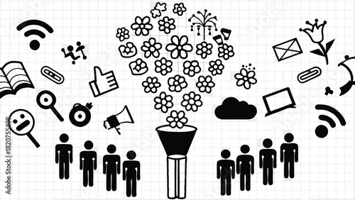 People gathered in a soft pastel garden around a central element