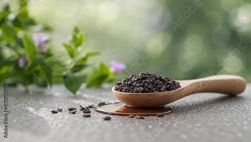 Black seeds in wooden spoon with oil, healthy natural remedy.