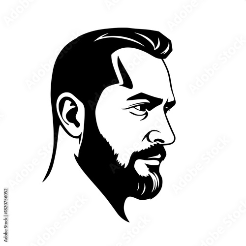 Simplified graphic portrait of a middle-aged man in profile view with defined jawline, prominent nose, and trimmed beard, rendered in a high-contrast silhouette style featuring bold lines and stark sh
