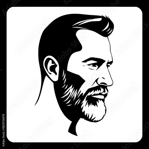 Simplified graphic portrait of a middle-aged man in profile view with defined jawline, prominent nose, and trimmed beard, rendered in a high-contrast silhouette style featuring bold lines and stark sh