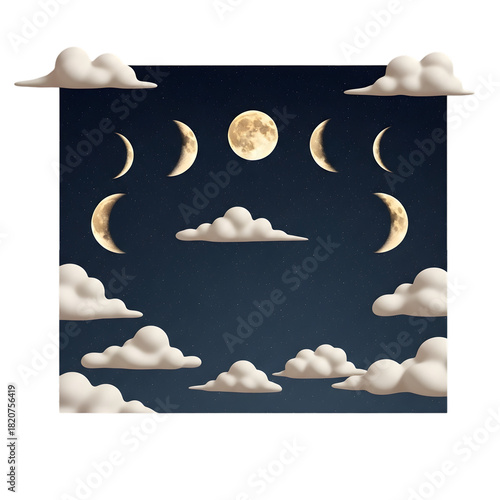 Night Sky Moon Phases Cloud Illustration with Stars