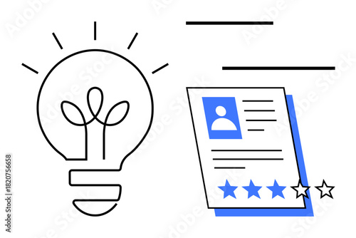 Lightbulb signifies ideas and creativity, paired with a document featuring a photo and star ratings. Ideal for innovation, feedback, performance review, recruitment, rating systems, decision-making