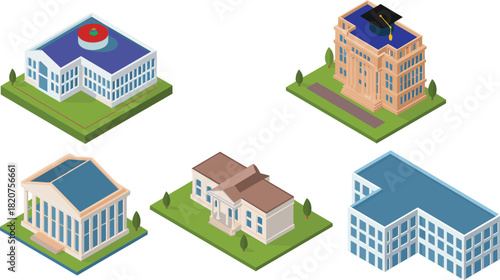 Isometric academic and institutional buildings, modern university campus structures, educational architecture set, school, college, library, government buildings illustration