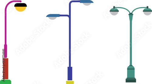 Minimal street lamp illustration set, urban lighting design, three modern lamp post variations, city infrastructure graphic, clean minimalist style artwork
