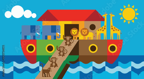 Bold Geometric Flat Style
Noah’s Ark made of clean geometric shapes—triangles, circles, rectangles—animals formed in simple blocky silhouettes, strong flat color palette, 
