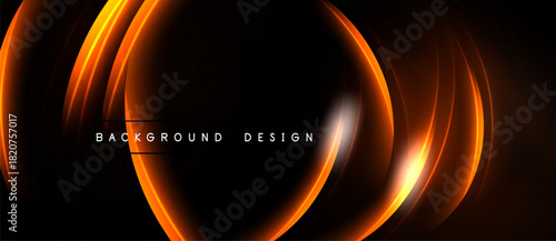 Abstract orange lines form circular shapes. Dark background creates dramatic visual effect. Modern design element for banners, presentations.