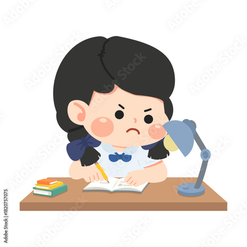 Illustration of Angry Student Studying at Desk