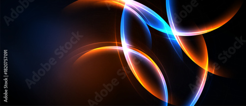 Abstract light streaks, vibrant colors, dynamic curves. Dark background emphasizes glowing shapes, creating modern visual impact.