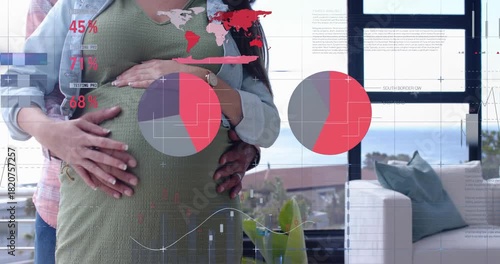 Partner stepping in, expectant couple cradling belly, animated prenatal charts floating over bump