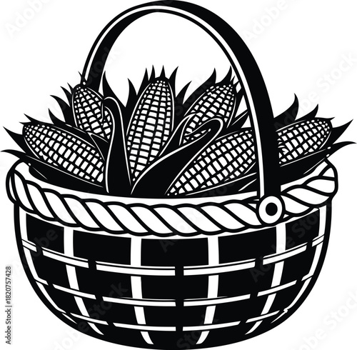 Woven basket filled with freshly harvested corn on the cob