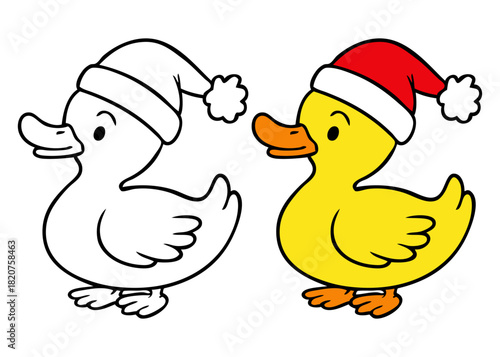 Dibujo sencillo con líneas de pato simpático con sombrero de Santa Claus para tarjetas y felicitaciones de Navidad