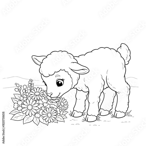 Cute baby lamb sniffing a bouquet of wildflowers in a meadow.