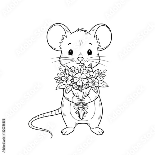 Cute Cartoon Mouse Holding a Bouquet of Flowers Coloring Page.