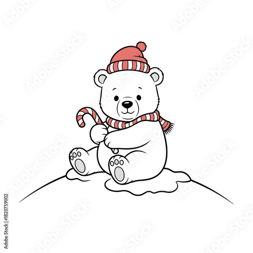 Cute cartoon polar bear wearing a hat and scarf holding a candy cane.