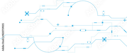 Vector futuristic technology background with white circle circuit wires on light blue motherboard.