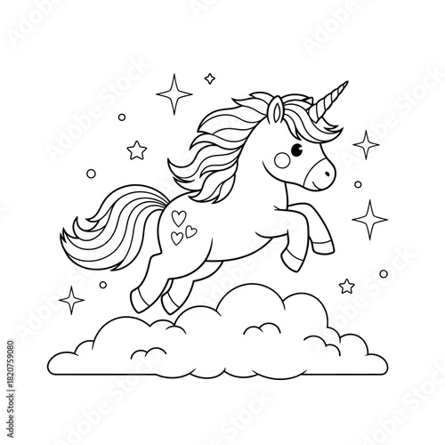 Cute cartoon unicorn jumping over clouds with stars.